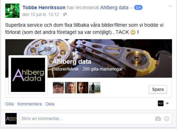 Tobbe Henriksson — 5 stjärnor. "Superbra service och dom fixa tillbaka våra bilder/filmer som vi trodde vi förlorat (som det andra företaget sa var omöjligt)...TACK :) !"
