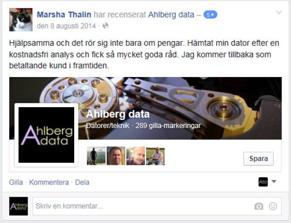 Marsha Thalin — 5 stjärnor. "Hjälpsamma och det rör sig inte bara om pengar. Hämtat min dator efter en kostnadsfri analys och fick så mycket goda råd. Jag kommer tillbaka som betaltande kund i framtiden."